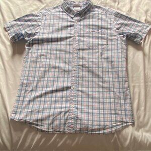 Columbia Shirt Mens XL Blue Check Button Down Cotton Short Sleeve Camp Casual
